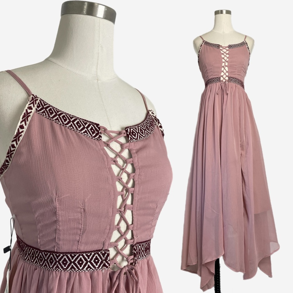Joyfoile NWT Darva nude pink lace up asymmetric midi dress boho fairy fall XS
